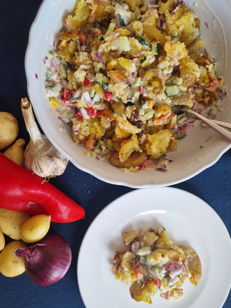 Smashed Potato Salad with vegetables