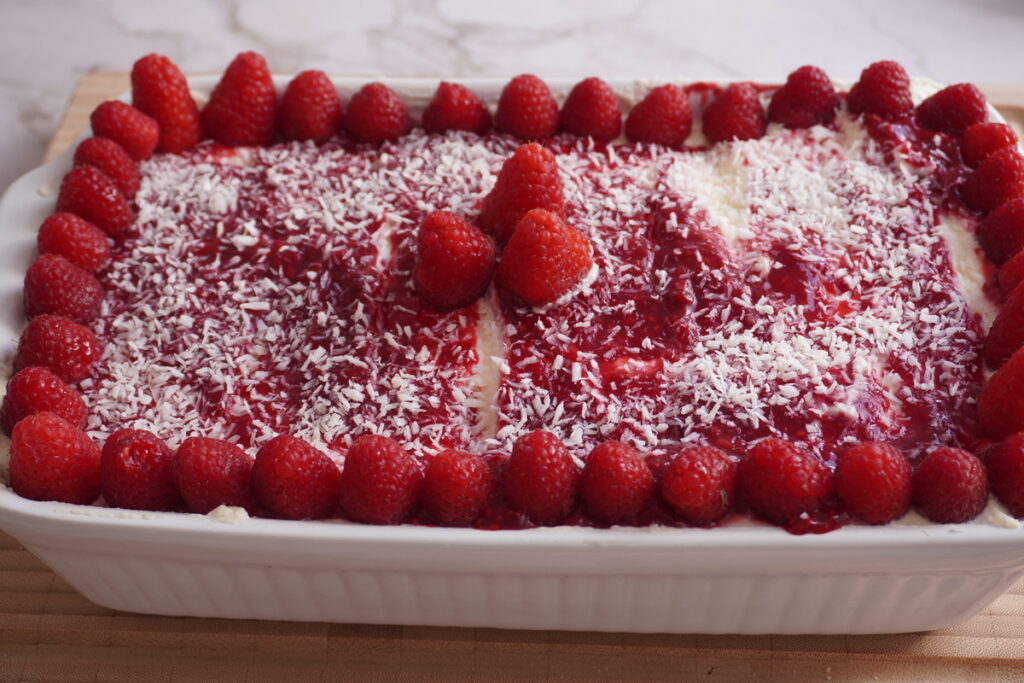 CVoconut Raspberry Tiramisu in white ceramic bowl
